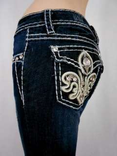 LA Idol Jeans Crystal Fleur De Lis Leather Bold Stitching Bootcut 