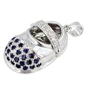    14K White Gold Sapphire & Diamond Baby Shoe Pendant Jewelry