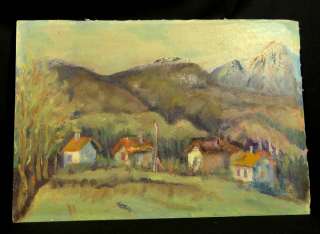 ANTIQUE COUNTRY HOUSES MOUNTAIN LANDSCAPE OIL BOARD PAINTING BULGARIAN 
