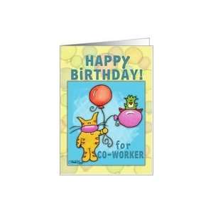 Happy Birthday for Co Worker Cat and Bird with Balloons Card