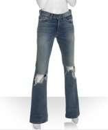 style #314260601 medium destroyed blue wash 60s flare leg jeans