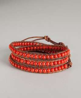 Chan Luu red coral and brown leather wrap bracelet   