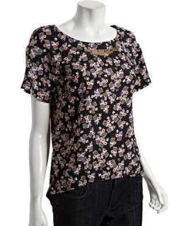 BCBGeneration black ditsy floral sateen embellished detail shirttail 