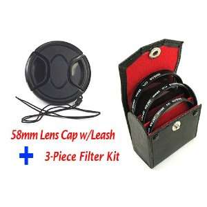  58mm Lens Cap (center pinch) w/Leash + 3 Piece Filter Kit 