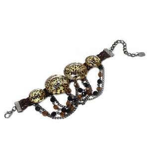 Fashion Link Bracelet Brown Faux Leather with Leopard Print Buttons 