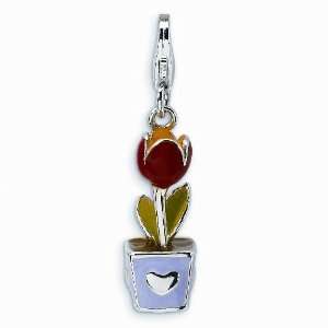   Silver 3 D Enameled Tulip Flower in Pot With Lobster Clasp Charm