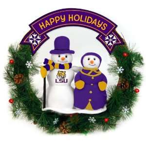   NCAA LSU Tigers Happy Holidays Snowman Couple Christmas Berry Wreath