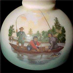 Milk Glass 10 in Kerosene Oil Lamp Shade Fishing Scenes  