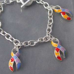 Multicolor Puzzle Ribbon Autism Dangle Toggle Bracelet  