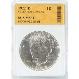    1922 D MS64 Silver Peace Dollar SGS Graded 