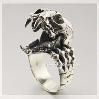 Tiger Skull Tusk Fang Soild 925 Sterling Silver Men`s Ring 2B041 Size 