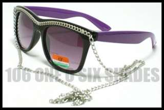   Silver Chain Thick Horn Rimmed Sunglasses BLACK and PURPLE 80s Retro