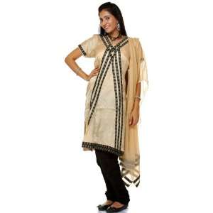  Beige and Black Choodidaar Salwar Suit with Self Weave 