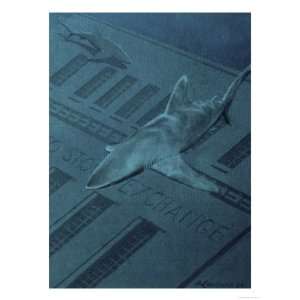 Two Sharks Swimming Underwater over a Stock Exchange Building Giclee 