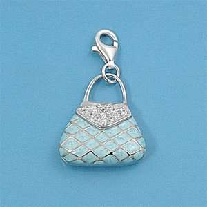 Sterling Silver Pendant   Blue Purse With Clasp   Clear Cubic Zerconia 