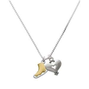    3 D Gold Ice Skate and Silver Heart Charm Necklace Jewelry
