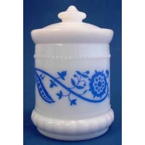 Blue & White Milk Glass Jar with Lid Floral  Kitchen 
