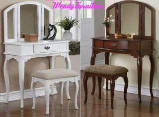   & Cherry Wood Vanity Set Make Up w/ Tri Mirror Stool Bench  