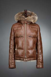   HOMME Brown Padded Leather Jacket with Removable Fur Hood 4LM  