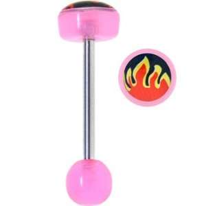  Pink Acrylic Red Flame Logo Barbell Tongue Ring Jewelry