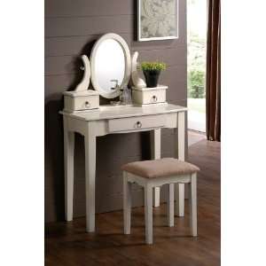 Vanity and Stool Set with Oval Mirror in Antique White 