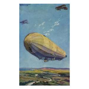  World War I   Zeppelin airship flying with two airplanes 